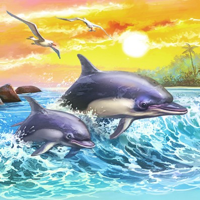Фото ХК-8816 Холст с красками 20х20 по номер. в кор. (12цв.) Резвые дельфины на закате (Арт. ХК-8816)