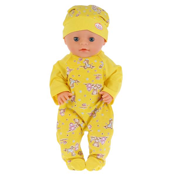 Фото OTF-1902CH-RU Одежда для кукол "Карапуз" 40-42см, желтый комбинезон с шапочкой "зверята" в пак.
