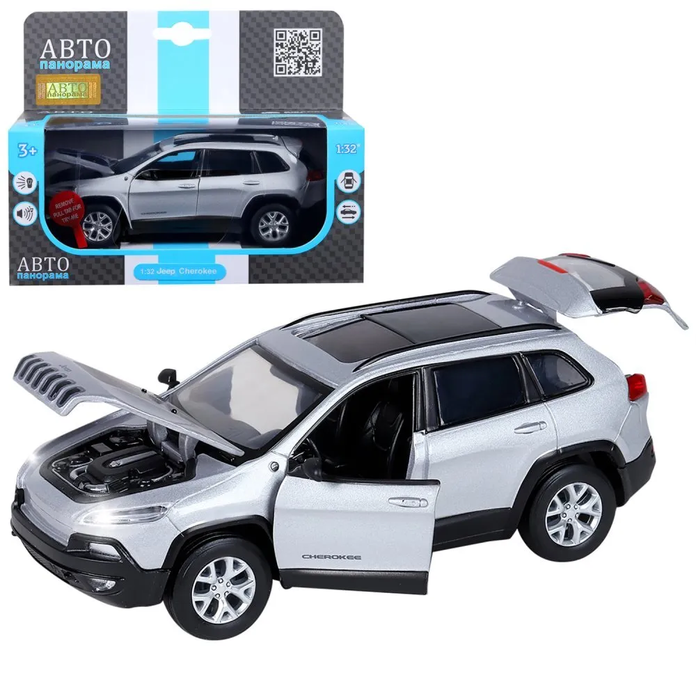 Купить 1251498JB Машинка металл. 1:32 Jeep Cherokee, серебряный, инерция,  свет, звук, откр. двери и багажни - цены в Белогорске