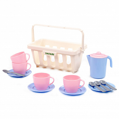 Фото товара ПОЛЕ95619 Набор детской посуды сафари с корзинкой №2 на 4 персоны (14 элементов) (в сеточке)