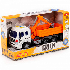 ПОЛЕ96005 Автомобиль Сити бортовой с ковшом инерционный со светом и звуком оранжевый в коробке 