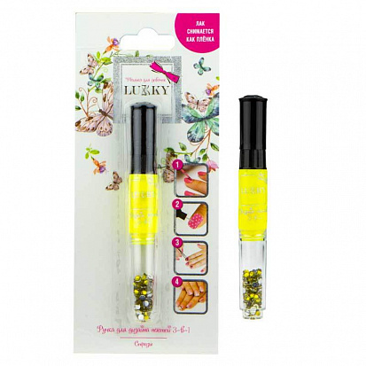 Фото товара 1toy Т16779 Lukky 3-в-1 ручка для дизайна ногтей с лаком д.ногтей 6 мл жёлтый 117 и стразами 1,5 г, 