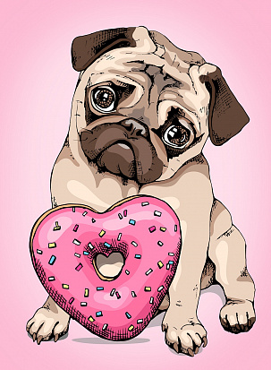 Фото ХК-8717 Холст с красками 22х30 по номер. в кор. (16цв.) Маленький щеночек с розовым пончиком (Арт. Х