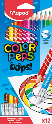 Фото Карандаши цветные MAPED "COLOR PEPS OOPS" 12цв., стираемые, с ластиком (310267) (832812)