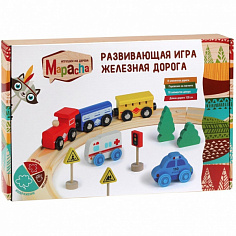 76832 Разв. игра из дер. "Железная дорога": 8 эл. дор., дл. полотна 128 см, паровоз+2 вагона, 2 маши