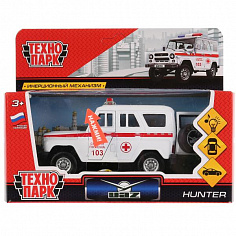 HUNTER-AMB-SL Машина металл свет-звук "UAZ HUNTER СКОРАЯ" 12см, открыв. двери, инерц. в кор.Технопар