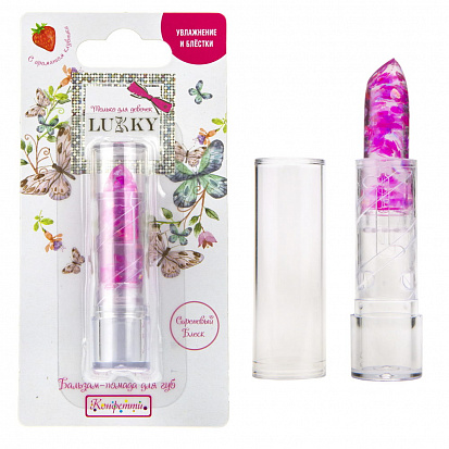 Фото товара Т18958 Lukky бальзам-помада д.губ."Конфетти" прозрачн.с фиолет.блестками с ароматом клубники,3,3 г,б