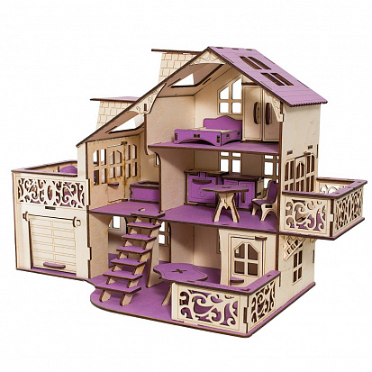 Фото ЭД-023 в сборе Кукольный домик с гаражом, цвет Сиреневый (мебель в комплекте)