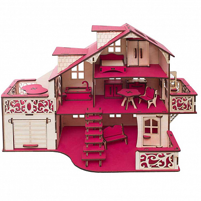 Фото ЭД-038 Кукольный домик с гаражом, разборной цвет "Фуксия" (мебель в комплекте)