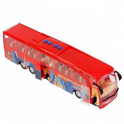 Фото BUSTOUR-30PL-RD Машина свет+звук экскурсионный автобус 30см,пластик,4 кнопки,инерц,красный в кор Тех