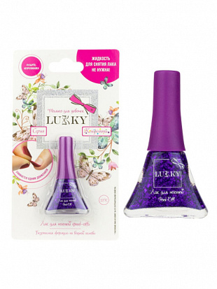 Фото товара 1toy Т14138 Лак Lucky серия Конфетти, цвет 23К, темно-фиолетовый с блестками, блистер, объем 5,5 мл.