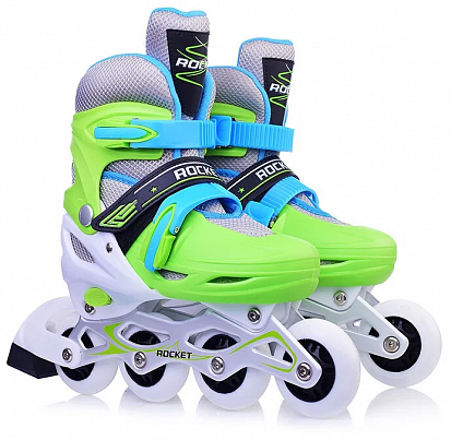 Фото товара R0068 Роликовые коньки раздвижные ROCKET,PU колёса со светом, размер M(33-36) зеленые, в сумке 