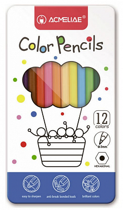 Фото Набор цветных карандашей ACMELIAE шестигранные 12цв. в металлическом футляре (9800-12) (1/12/144)