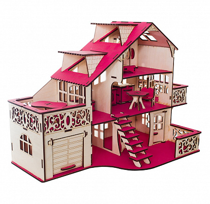 Фото ЭД-038 Кукольный домик с гаражом, разборной цвет "Фуксия" (мебель в комплекте)