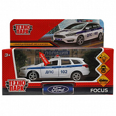 FOCUS-12SLPOL-WH Машина металл свет-звук FORD FOCUS TURNIER ПОЛИЦИЯ 12 см, двер, баг,ин, кор. Техноп