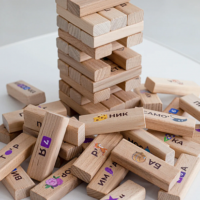 Фото МТ МТ020202 Настольная игра дженга "Башня с ребусами" из 54 элементов (21 шт)
