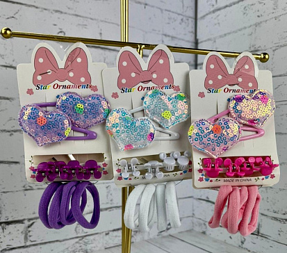 Фото товара Набор заколка-2 клик-клак Сердце, резинка-6, крабик-4 TT2391