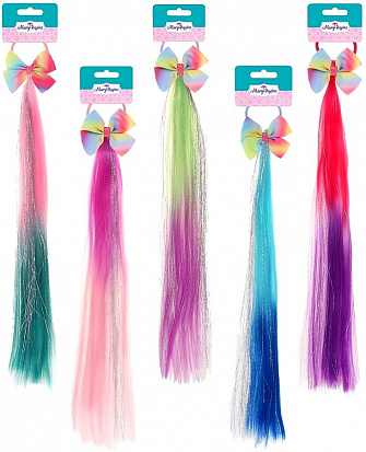 Фото товара 455519 Резинка для волос, локон "Радуга" волосы, в ассорт., бантик 6 см., длина 30-34 см.