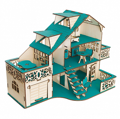 Фото ЭД-037 Кукольный домик с гаражом, цвет "Лазурный берег" (мебель в комплекте)