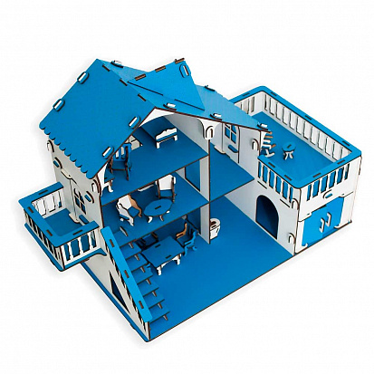 Фото ЭД-064 Сборная игрушка Кукольный домик с террасой,цвет Синий мебель в комплекте