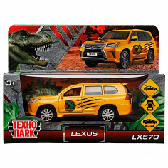 LX570-12DIN-YE Машина металл LEXUS LX570 ДИНОЗАВРЫ 12 см, двери, багаж, инерц, желтый, кор. Технопар