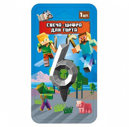 Фото товара CC-90775-M Свеча-цифра 6 для торта майнкрафт, блистер ЧУДО ПРАЗДНИК