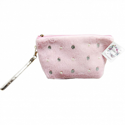 Фото Т21394 Lukky косметичка плюш.со стразами и жемчужинами,розовая,22х14 см,пакет,бирка (10317120/210322