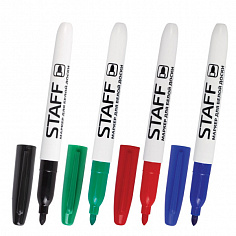 151097 Набор маркеров для сухостираемых досок STAFF, 4цв.,круглые, 2,5 мм, черный, синий, красный, з