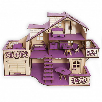Фото ЭД-065 Сборная игрушка Кукольный домик с террасой,цвет Сиреневый мебель в комплекте