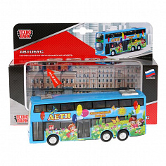 CT10-054-1 АВТОБУС ДЕТИ "ТЕХНОПАРК" ДВУХЭТАЖНЫЙ МЕТАЛЛ. ИНЕРЦ. СВЕТ+ЗВУК ОТКРЫВ. ДВЕРИ В КОР. 16СМ