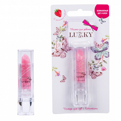 Фото товара Lucky Т15386 помада для губ с блёстками, с ароматом клубники, розовый, блистер 