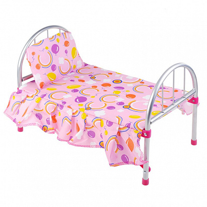 Фото 9342 Кроватка для кукол, металлическая, со спальным комплектом, цвет медвежата на розовом
