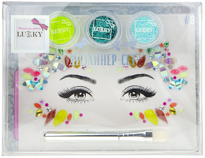 Фото товара Т18904 Lukky "Дизайнер-Сет #3" наб.д.дизайна лица и тела с клейкими блёстками 3 баночки,кистью,страз