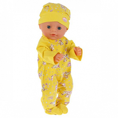 Фото OTF-1902CH-RU Одежда для кукол "Карапуз" 40-42см, желтый комбинезон с шапочкой "зверята" в пак.