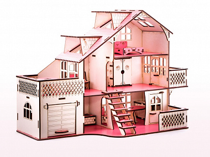 Фото ЭД-032 светло-розовая Кукольный домик с гаражом Розовая Сказка (мебель в комплекте)