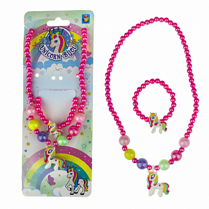 Фото товара Т19139 1TOY наб.украш."Unicorn Bijou" 2предм.роз.бусы и браслет радужный единорог на карте 24*8см