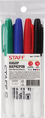 Фото 151097 Набор маркеров для сухостираемых досок STAFF, 4цв.,круглые, 2,5 мм, черный, синий, красный, з