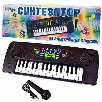 Фото D-00063 Синтезатор черный 32 клавиши, с микрофоном, эл/мех, работает от батареек, 44,5x5,5x15,5