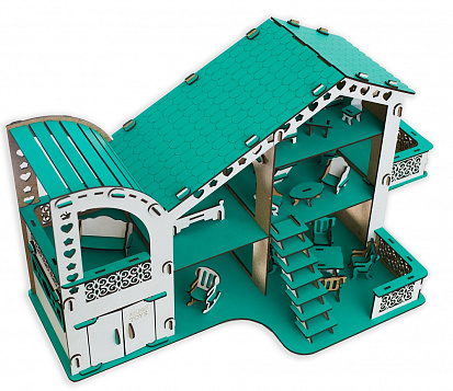 Фото ЭД-026Р Кукольный домик с гаражом разборной, цвет Тиффани (мебель в комплекте)