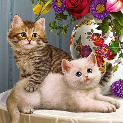 Фото ХК-8815 Холст с красками 20х20 по номер. в кор. (14цв.) Два котёнка у вазы (Арт. ХК-8815)