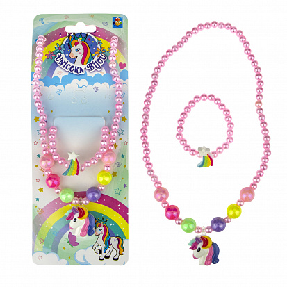 Фото товара Т19141 1TOY наб.украш."Unicorn Bijou" 2предм.светл.роз.бусы единорог,браслет звездочка на карте 24*8