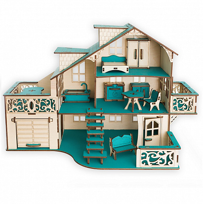 Фото ЭД-037 Кукольный домик с гаражом, цвет "Лазурный берег" (мебель в комплекте)