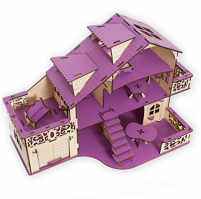 Фото ЭД-023 в сборе Кукольный домик с гаражом, цвет Сиреневый (мебель в комплекте)