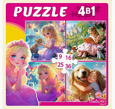 П-7589 ПАЗЛЫ 4 в 1. ПРИНЦЕССЫ С ЛЮБИМЫМИ ЖИВОТНЫМИ (9,16, 25, 36 эл.) (арт.П-7589)