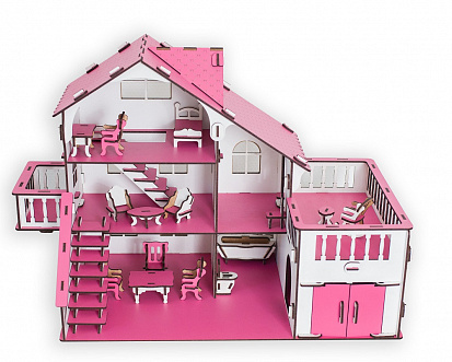 Фото ЭД-066 Сборная игрушка Кукольный домик с террасой,цвет Розовый мебель в комплекте