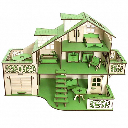Фото ЭД-033 Кукольный домик с гаражом, цвет "Парижская зелень" (мебель в комплекте)