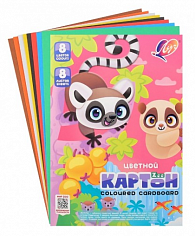 ЛУ-35С2278-08 Картон цветной А4 8л. 8цв. Zoo Лемуры немелованный, в папке, Луч
