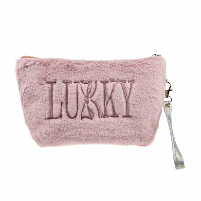 Фото Т21390 Lukky косметичка плюш.плоская с лого LUKKY,розовая,22х14 см,пакет,бирка (10317120/210322/3041