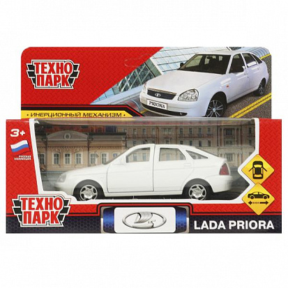 Фото PRIORA-12-WH Машина металл LADA PRIORA 12 см, двери, багаж, инерц, белый, кор. Технопарк