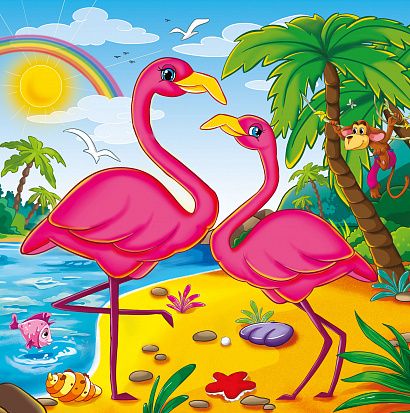 Фото ХК-4063 Холст с красками 20х20 см по номерам (в коробке), (14цв) Фламинго на пляже (Арт. ХК-4063)